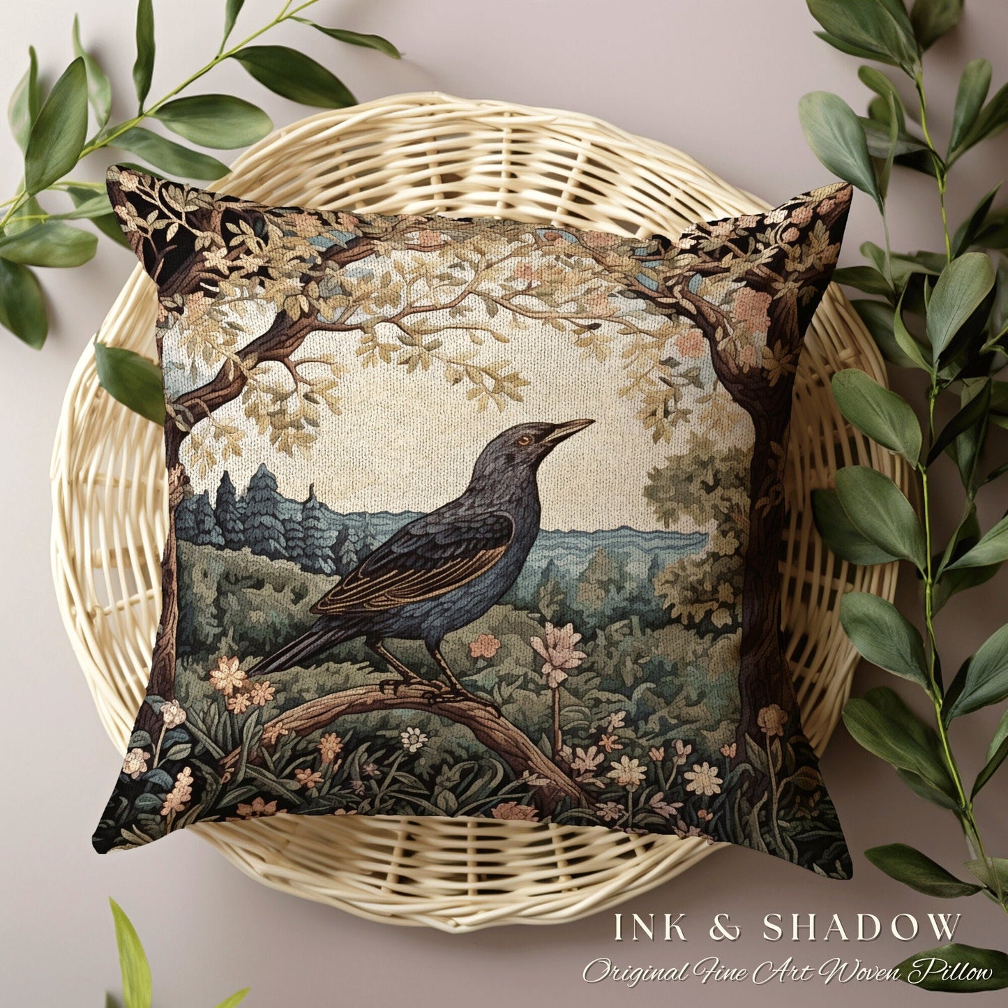 Crow Woven Pillow Whimsical | Gothic Pillow William Morris Inspired Raven Decor Crow Core Pillow Maximalist Rustic Pillow Dark Woodland Gift