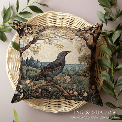 Crow Woven Pillow Whimsical | Gothic Pillow William Morris Inspired Raven Decor Crow Core Pillow Maximalist Rustic Pillow Dark Woodland Gift