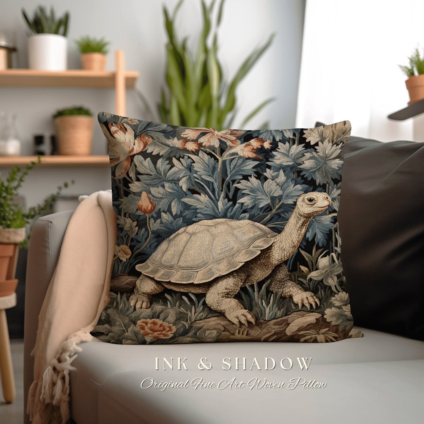 Woodland Botanical Tortoise Pillow | Mushroomcore Pillow William Morris Inspired Boho Decor Crowcore Pillow Fairy Aesthetic Pillow Morris