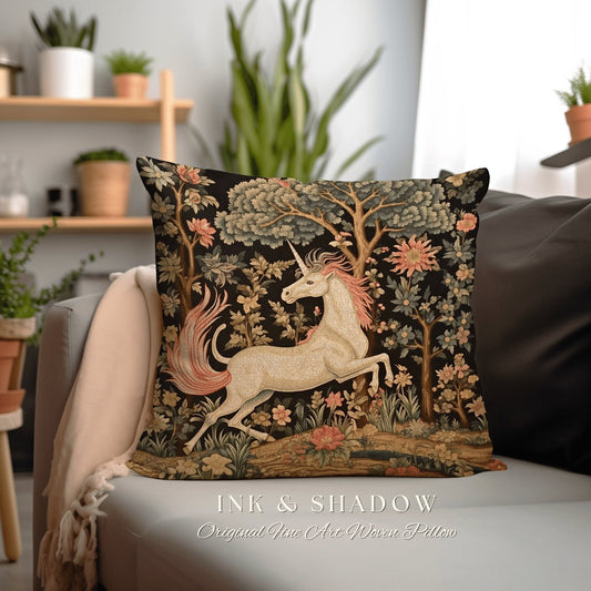 Ethereal Unicorn Folk Art Pillow | Woodland Maximalist Accent Pillow William Morris Style Forestcore Cushion Fairycore Bedroom Unicorn Decor