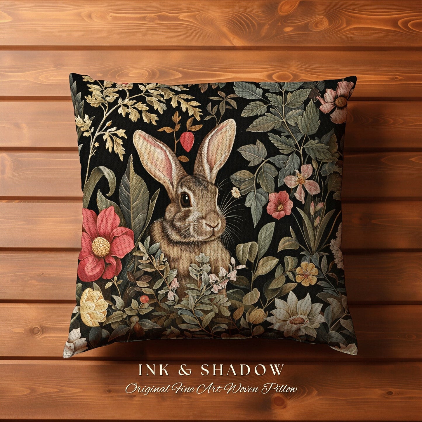 Woodland Floral Rabbit Pillow | Woven Couch Cushion William Morris Throw Woodland Bunny Decor Spring Botanical Rabbit Fairycore Book Nook