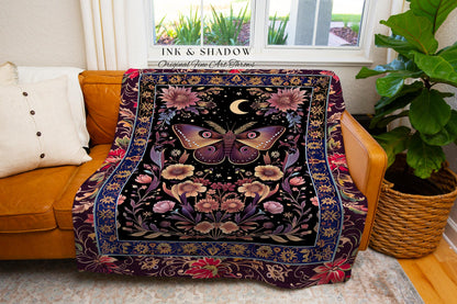 Mystic Moth Moon Woven Throw Blanket Whimsigothic Purple Dark Cottgecore Decor | Whimsical Boho Butterfly Dark Floral Fairycore Tapestry