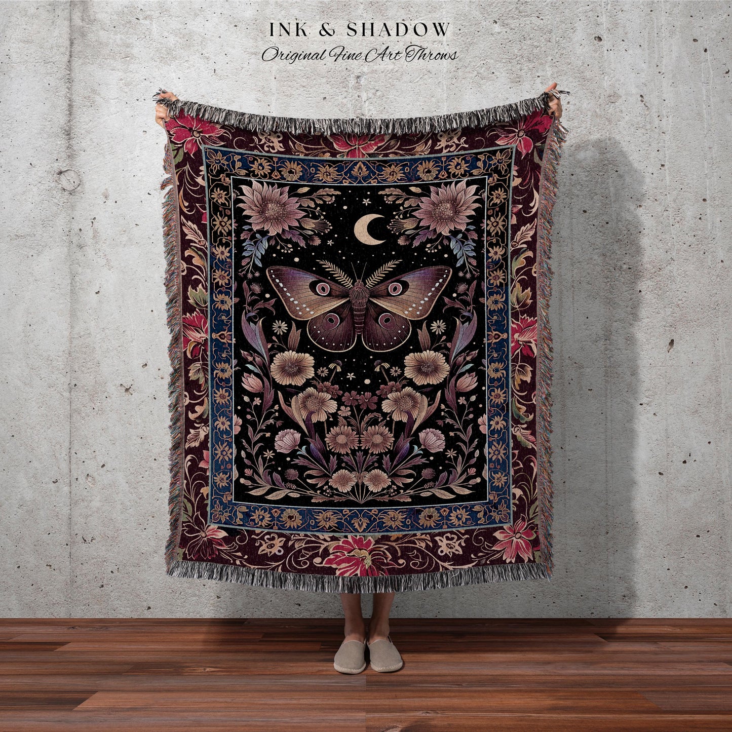 Mystic Moth Moon Woven Throw Blanket Whimsigothic Purple Dark Cottgecore Decor | Whimsical Boho Butterfly Dark Floral Fairycore Tapestry