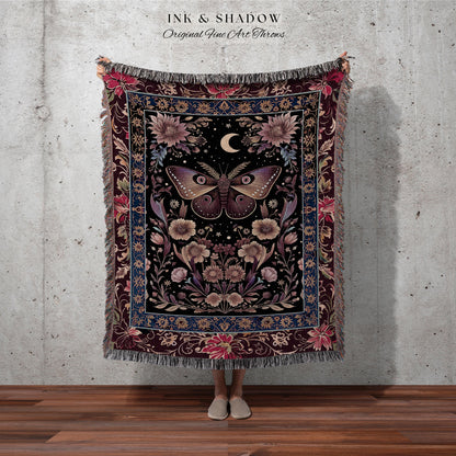 Mystic Moth Moon Woven Throw Blanket Whimsigothic Purple Dark Cottgecore Decor | Whimsical Boho Butterfly Dark Floral Fairycore Tapestry