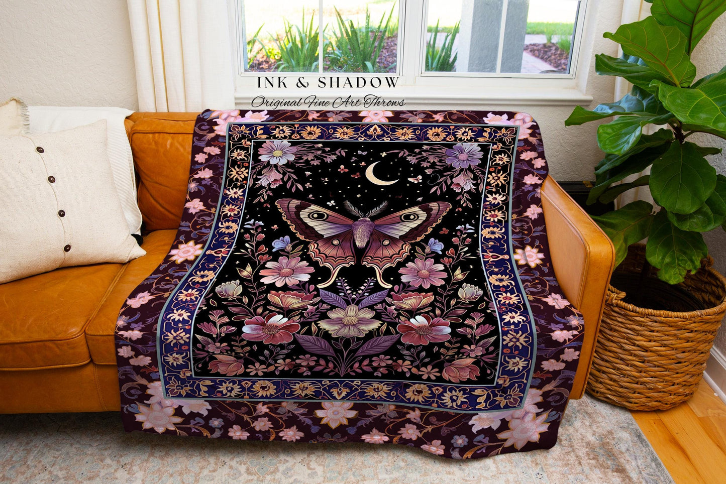 Purple Moth Celestial Blanket Boho Fairycore Dark Floral Decor | Enchanted Goth Cottagecore Butterfly Lovers Moth Moon Tapestry Whimsical