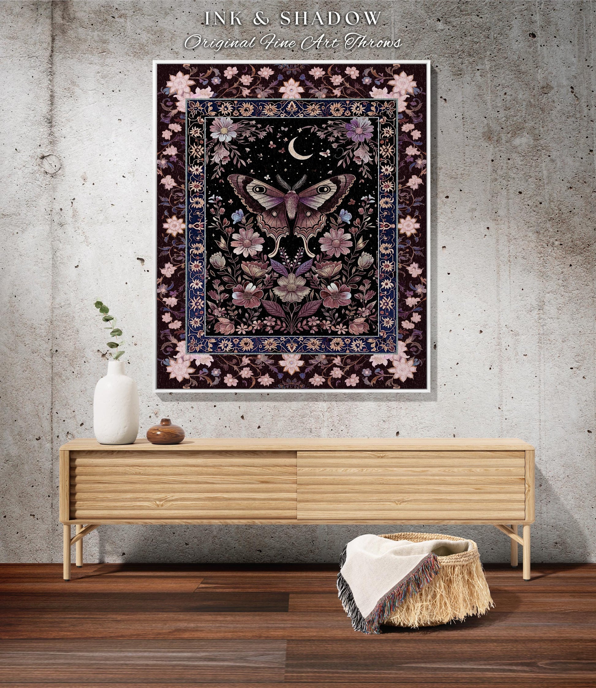 Purple Moth Celestial Blanket Boho Fairycore Dark Floral Decor | Enchanted Goth Cottagecore Butterfly Lovers Moth Moon Tapestry Whimsical