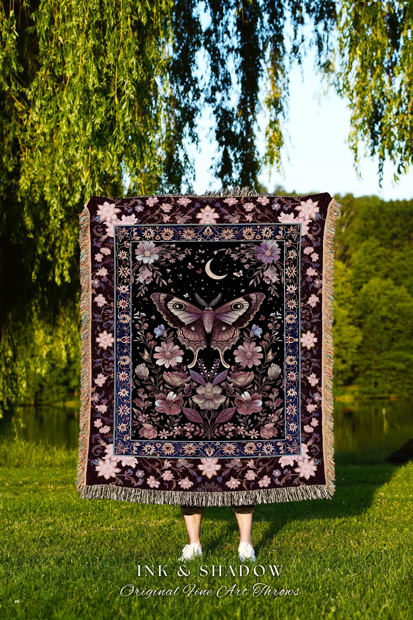 Purple Moth Celestial Blanket Boho Fairycore Dark Floral Decor | Enchanted Goth Cottagecore Butterfly Lovers Moth Moon Tapestry Whimsical