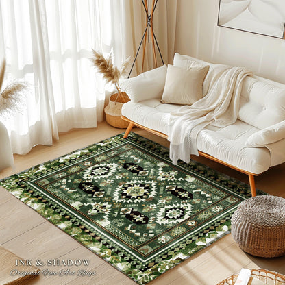 Classic Geometric Green Rug | Modern Midcentury Home Accent Ornate Nordic Inspired Rug with Forest Green Detail Bohemian Style Aesthetic |