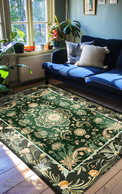 Emerald Accent Rug for Living Room | Classic Ornate Statement Rug with Green Detail Peachy Accent Bohemian Aesthetic for Cozy Reading Nook |