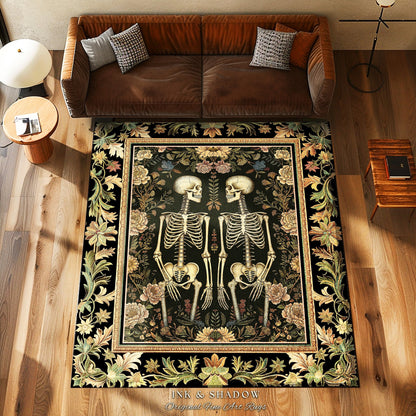 Light Academia Botanical Skeleton Art Rug for Bedroom | Victorian Gothic Skeleton Couple Gift Cottagecore Dark Floral Rug Witchy Room Decor