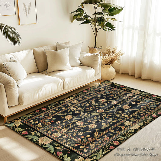 Dark Academia Living Room Rug | Dark Floral Aesthetic Common Room Home Decor Rustic Housewarming Gift Cottagecore Dark Floral Bedroom Mat