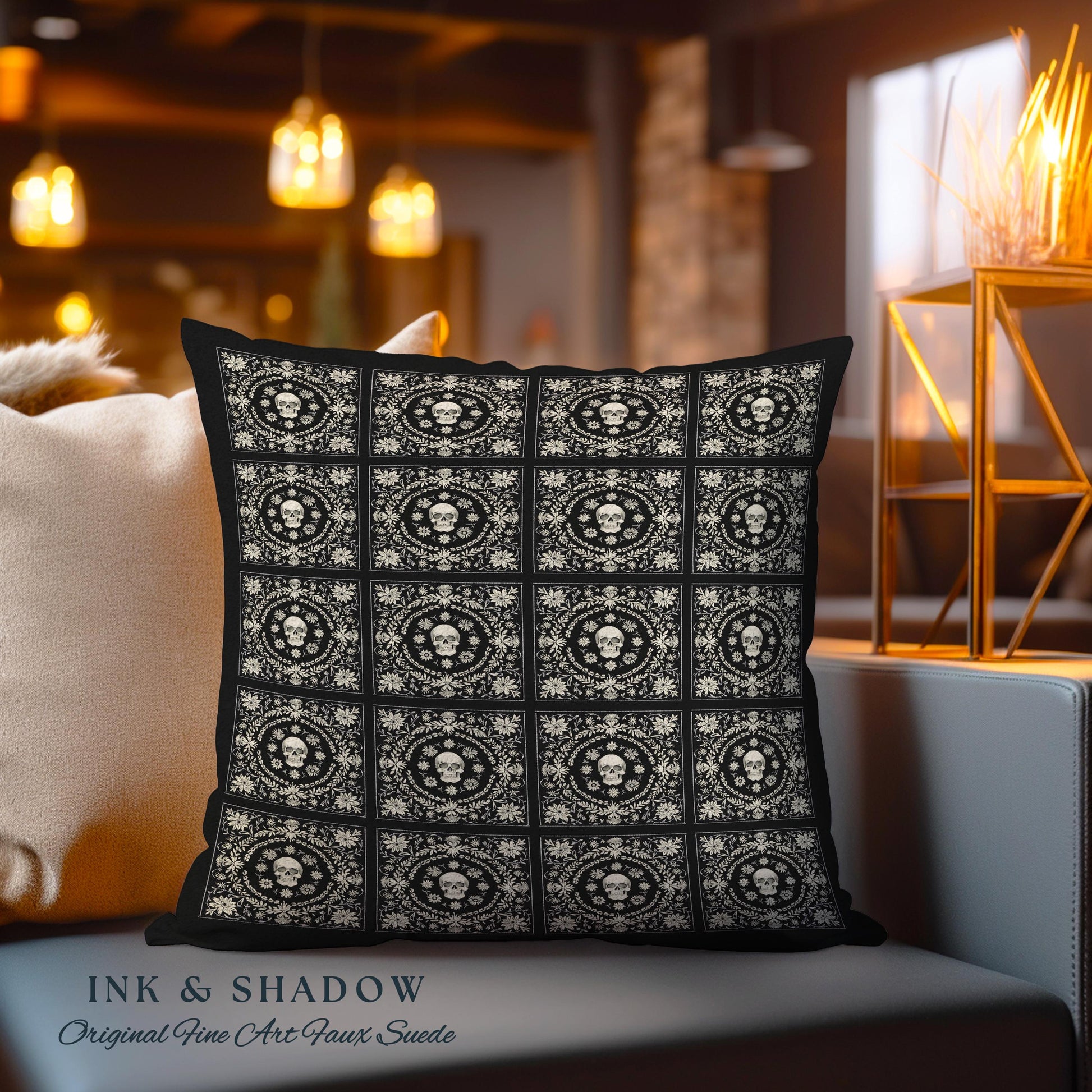 Floral Skull Throw Victorian Gothic Woven Pillow | Dark Cottagecore Halloween Aesthetic Goth Decor Tapestry Pillow Whimsigothic Fall Decor