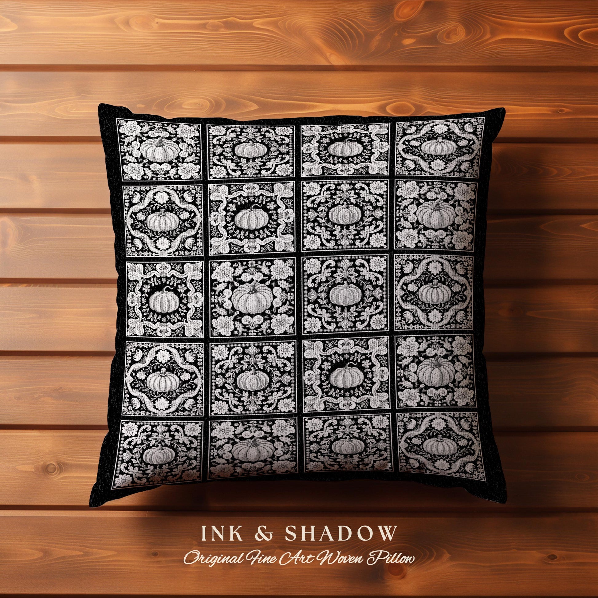 Whimsigothic Pumpkin Pillow Woven Boho Cottagecore Tapestry Pillow Vintage Aesthetic Halloween Retro Gothic Black White Blanket Fall Gifts