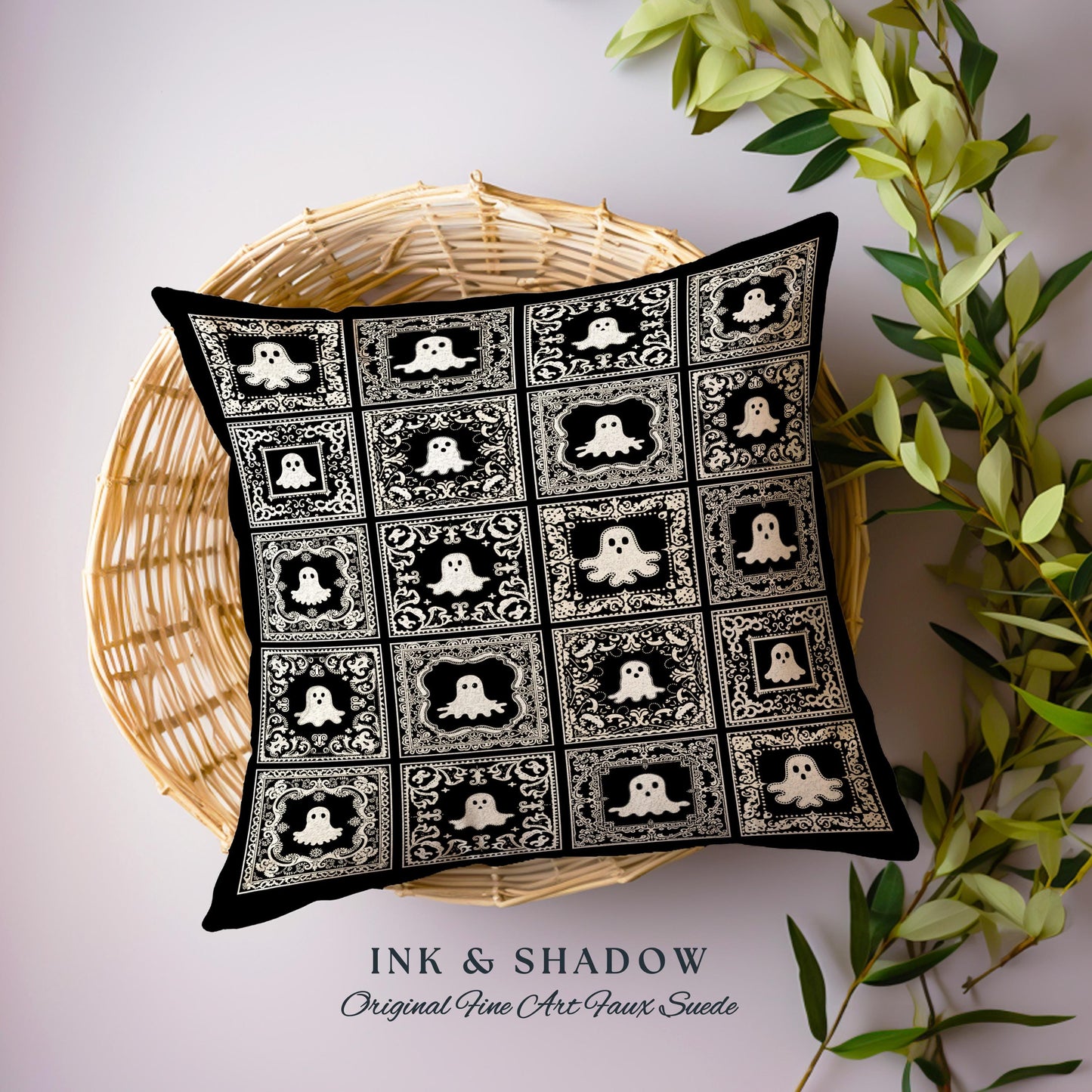 Whimsical Spooky Cute Ghosts Woven Tapestry Pillow | Vintage Halloween Folk Art Whimsigothic Cushion Witchy Dark Academia Home Decor Accent