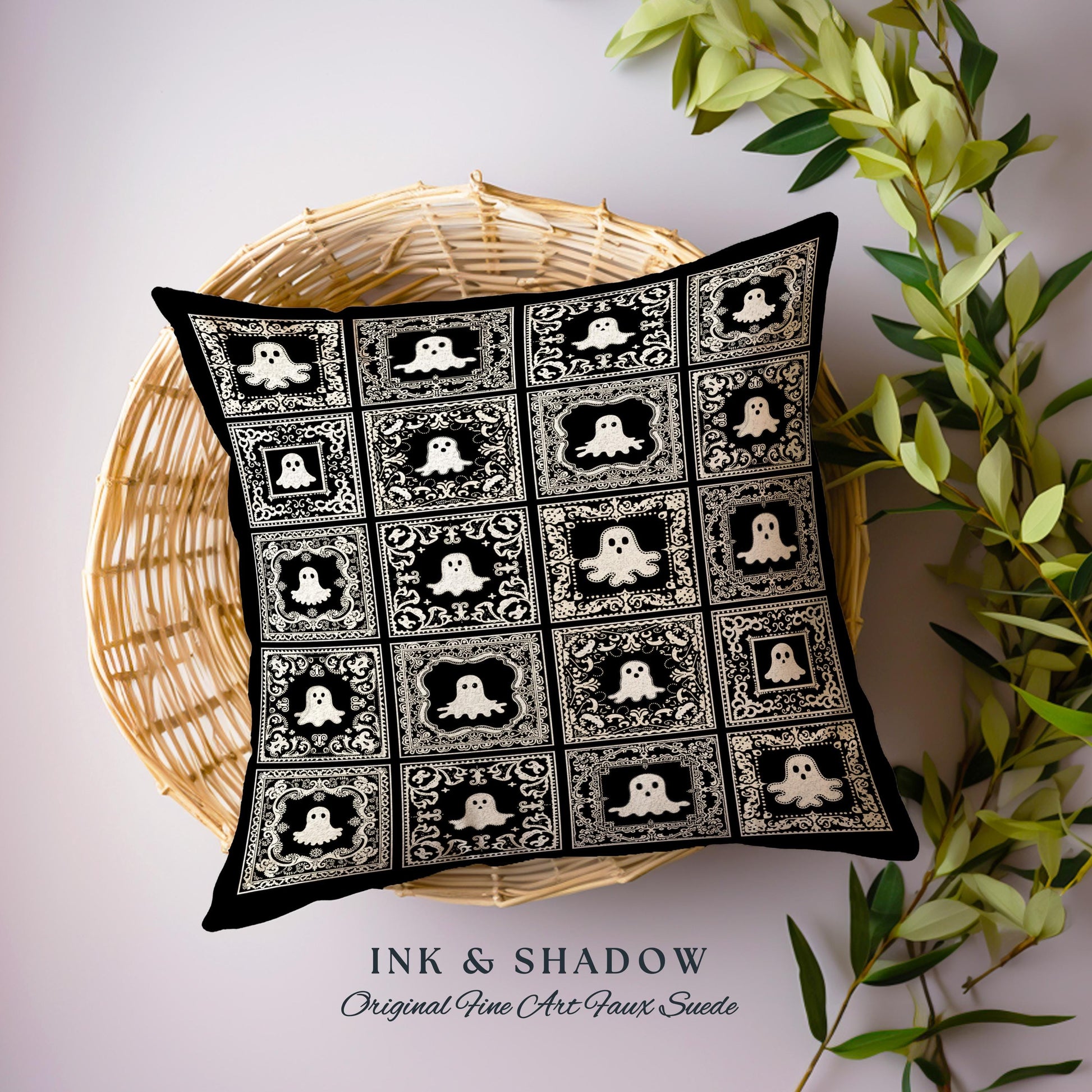 Whimsical Spooky Cute Ghosts Woven Tapestry Pillow | Vintage Halloween Folk Art Whimsigothic Cushion Witchy Dark Academia Home Decor Accent