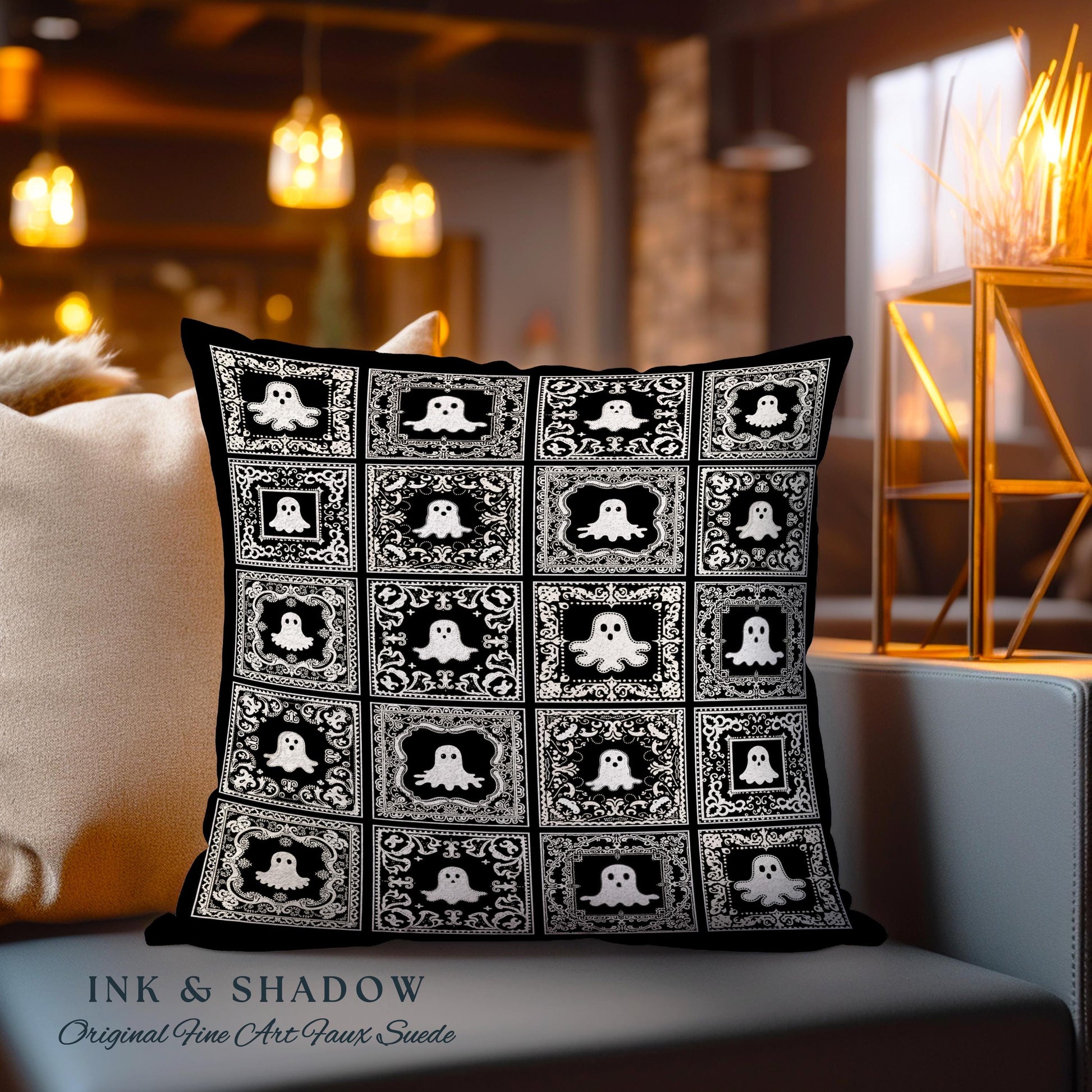 Whimsical Spooky Cute Ghosts Woven Tapestry Pillow | Vintage Halloween Folk Art Whimsigothic Cushion Witchy Dark Academia Home Decor Accent