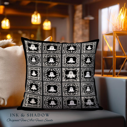 Whimsical Spooky Cute Ghosts Woven Tapestry Pillow | Vintage Halloween Folk Art Whimsigothic Cushion Witchy Dark Academia Home Decor Accent