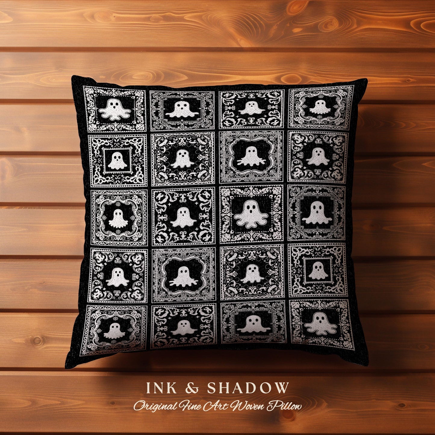 Black & White Ghost Woven Spooky Pillow | Witchy Home Decor Halloween Vibes Cozy Home Accent Dark Academia Aesthetic Tapestry Ghost Pillow