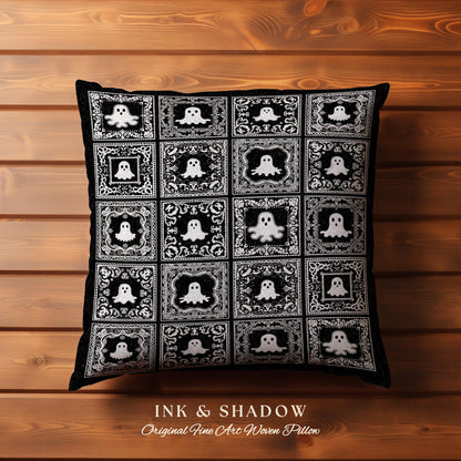 Black & White Ghost Woven Spooky Pillow | Witchy Home Decor Halloween Vibes Cozy Home Accent Dark Academia Aesthetic Tapestry Ghost Pillow