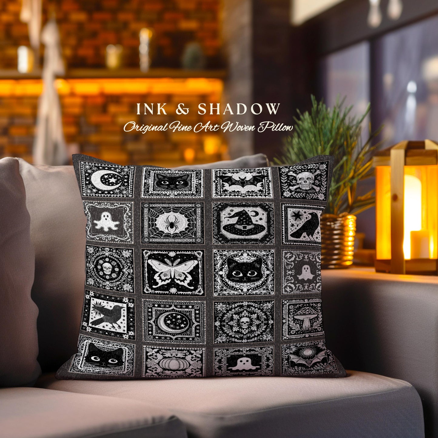 Witchy Woven Pillow Spooky Creepy Witch Decor | Cute Halloween Tapestry Pillow Scary Spooky Season Nights Goth Gifts Dark Aesthetic Decor.