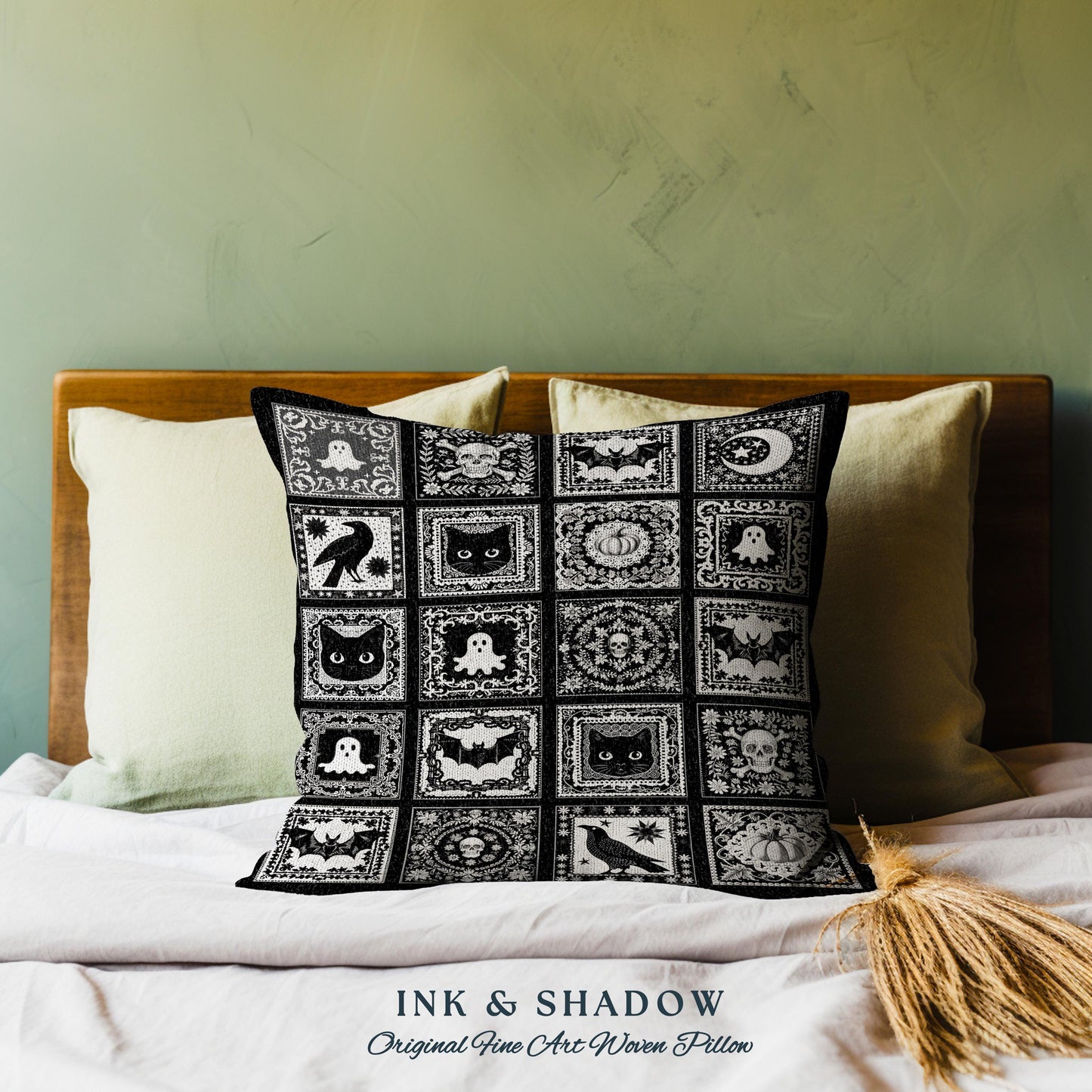 Spooky Season Pillow Halloween Home Decor Cozy Witchy Woven Pillow Gift For Goth Room Decor Whimsigothic Fall Decorating Dark Academia Art