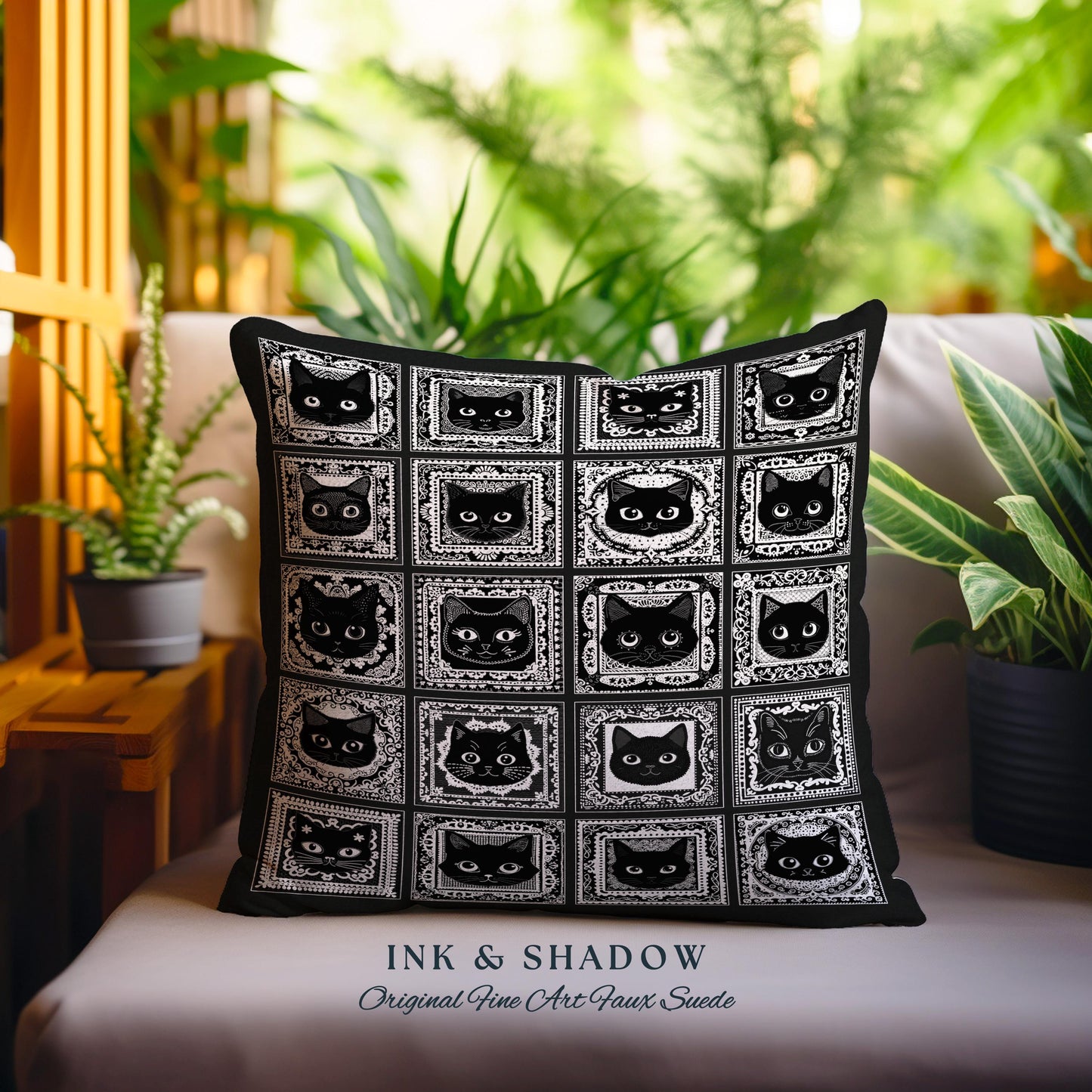 Black Cats Woven Pillow Cute Cozy Gothic Decor Dark Cottagecore Tapestry Pillow Witchy Bedroom Gift for Goth Cat Lover Fall Halloween Pillow