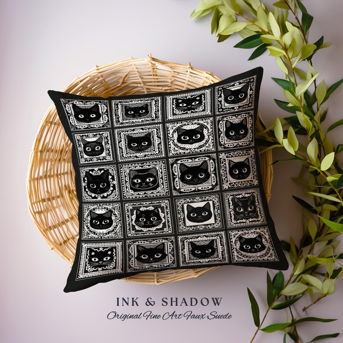 Black Cats Woven Pillow Cute Cozy Gothic Decor Dark Cottagecore Tapestry Pillow Witchy Bedroom Gift for Goth Cat Lover Fall Halloween Pillow