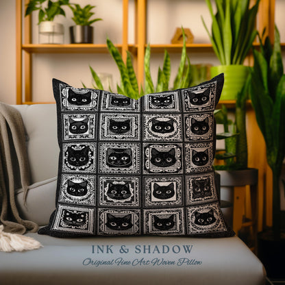 Black Cats Woven Pillow Cute Cozy Gothic Decor Dark Cottagecore Tapestry Pillow Witchy Bedroom Gift for Goth Cat Lover Fall Halloween Pillow