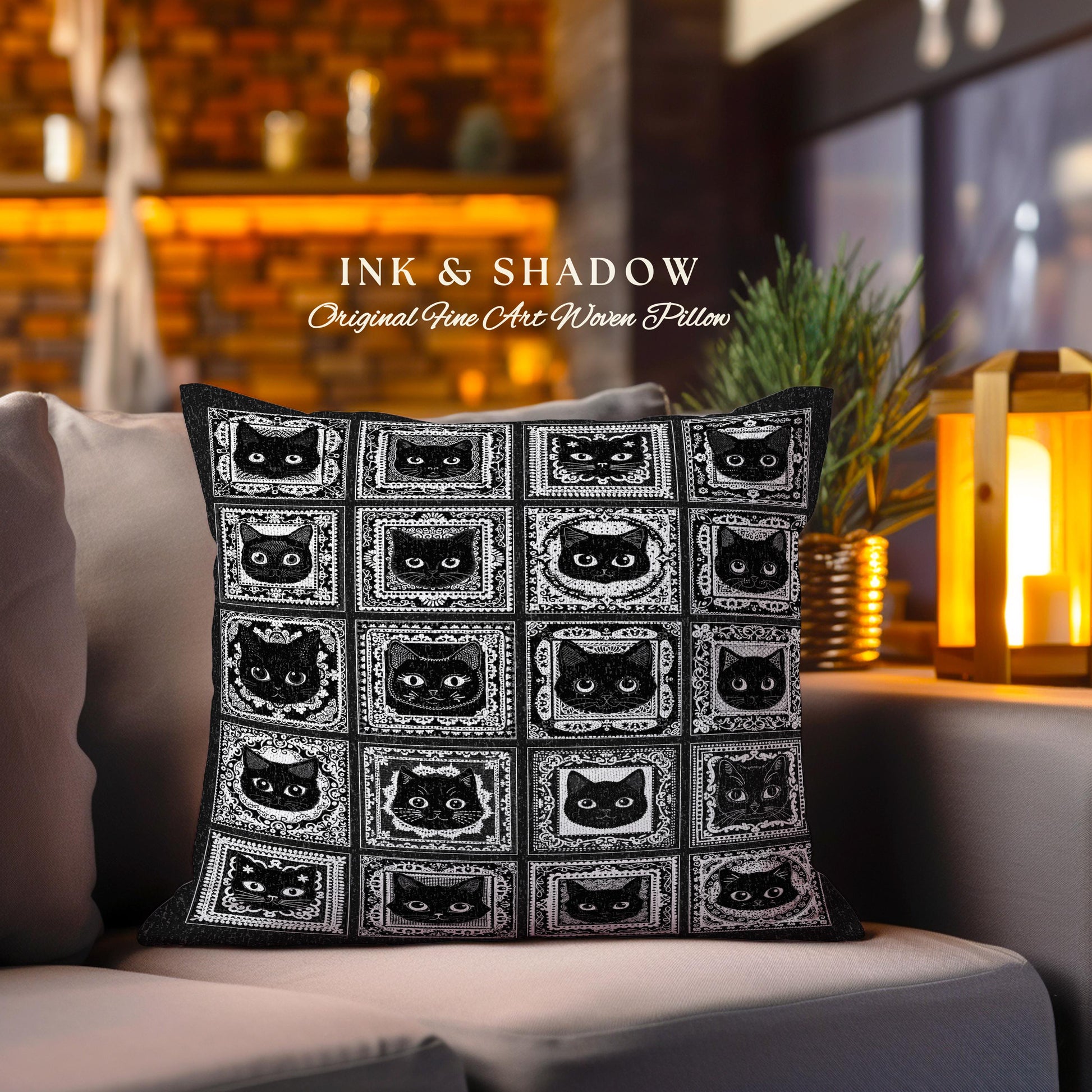 Black Cats Woven Pillow Cute Cozy Gothic Decor Dark Cottagecore Tapestry Pillow Witchy Bedroom Gift for Goth Cat Lover Fall Halloween Pillow