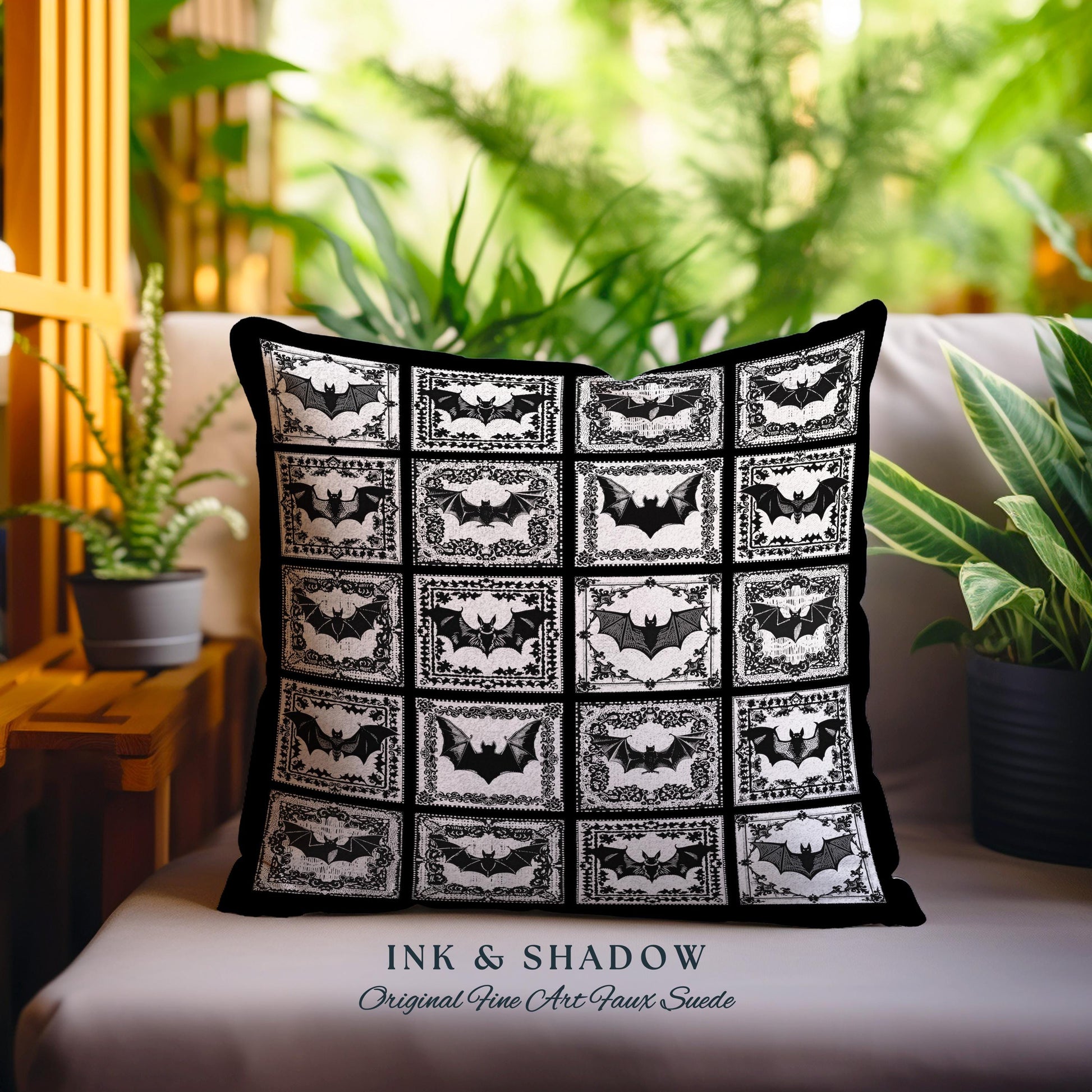 Whimsigoth Bat Pillow Victorian Gothic Decor | Retro Halloween Woven Tapestry Pillow Dark Cottagecore Spooky Season Bat Art Boho Fairycore