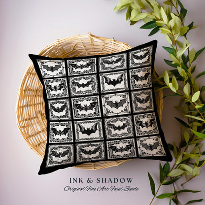 Whimsigoth Bat Pillow Victorian Gothic Decor | Retro Halloween Woven Tapestry Pillow Dark Cottagecore Spooky Season Bat Art Boho Fairycore