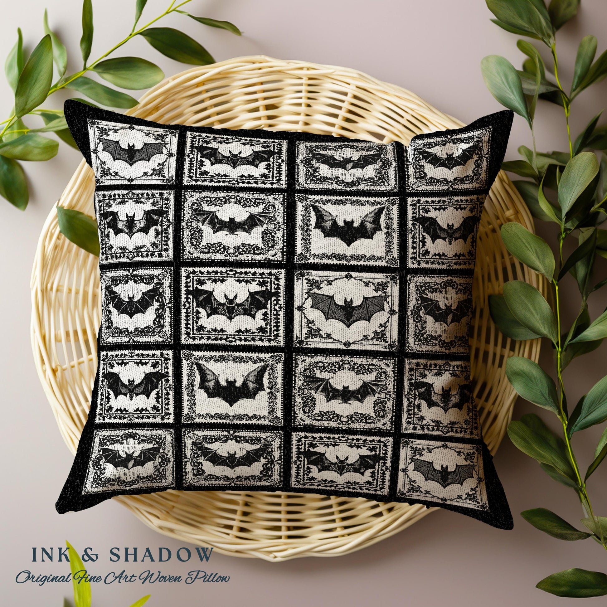 Whimsigoth Bat Pillow Victorian Gothic Decor | Retro Halloween Woven Tapestry Pillow Dark Cottagecore Spooky Season Bat Art Boho Fairycore