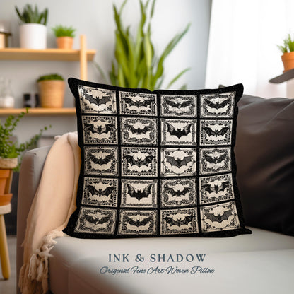 Whimsigoth Bat Pillow Victorian Gothic Decor | Retro Halloween Woven Tapestry Pillow Dark Cottagecore Spooky Season Bat Art Boho Fairycore