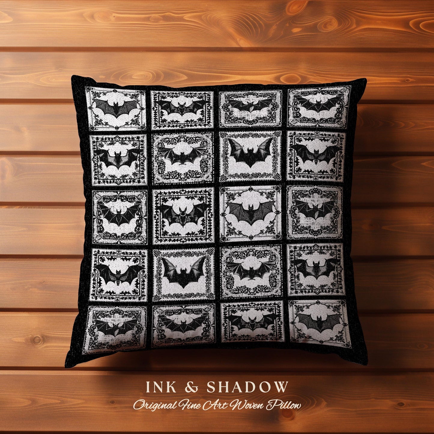 Whimsigoth Bat Pillow Victorian Gothic Decor | Retro Halloween Woven Tapestry Pillow Dark Cottagecore Spooky Season Bat Art Boho Fairycore