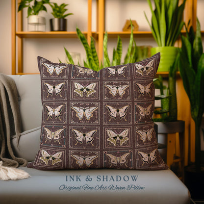 Whimsical Moth Pillow Woven Dark Academia Decor | Luna Moth Art Gothic Home Decor Bohemian Butterfly Pillow Cozy Goth Cottagecore Fall Gifts