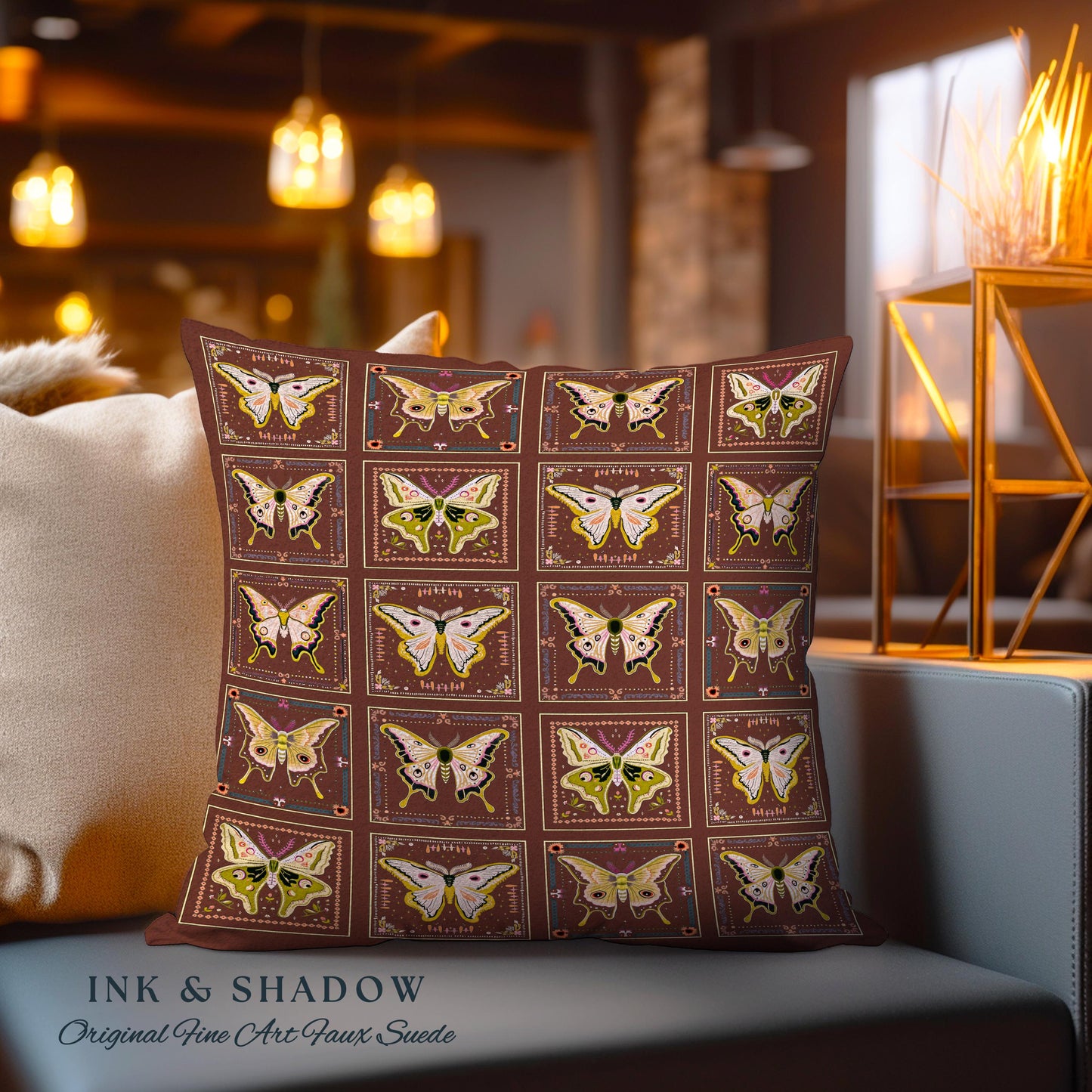 Whimsical Moth Pillow Woven Dark Academia Decor | Luna Moth Art Gothic Home Decor Bohemian Butterfly Pillow Cozy Goth Cottagecore Fall Gifts