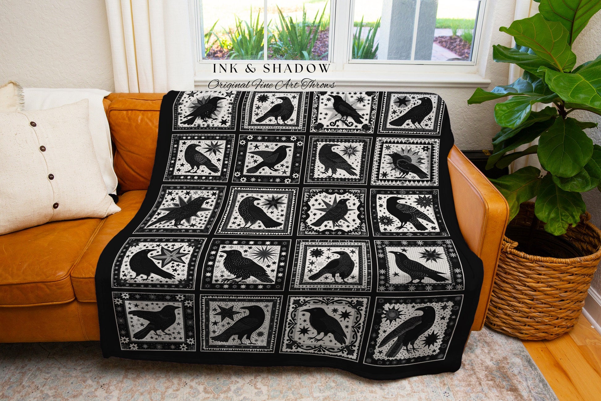 Retro Gothic Crow Tapestry Blanket | Witchy Cottagecore Woven Tapestry Raven Halloween Home Decor Crowcore Woven Gothic Aesthetic Bedroom |