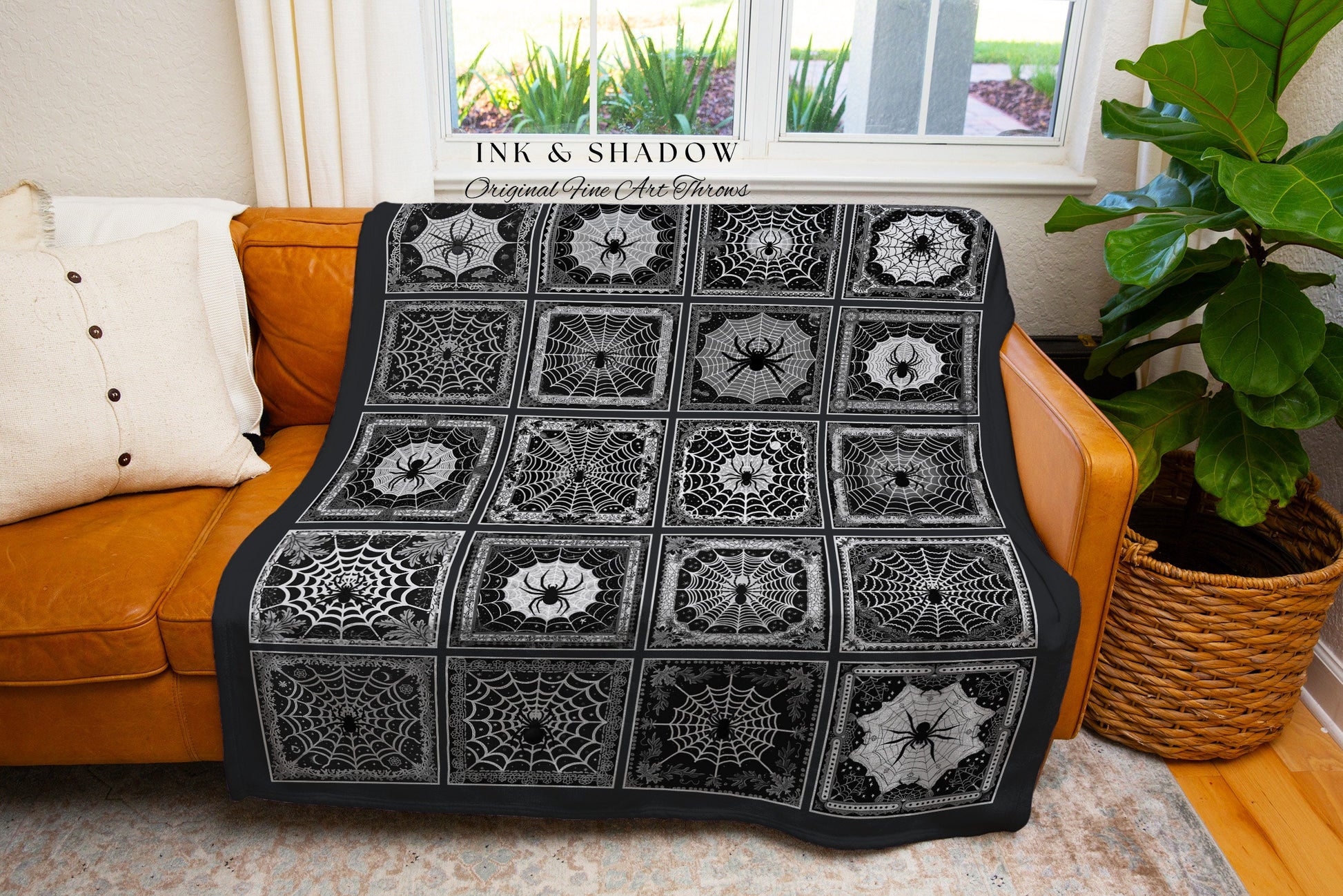 Black and White Cobweb Spider Throw Blanket Boho Fairycore Decor Cozy Cotton Woven Blanket Gothic Tapestry Vintage Aesthetic Witchy Gifts