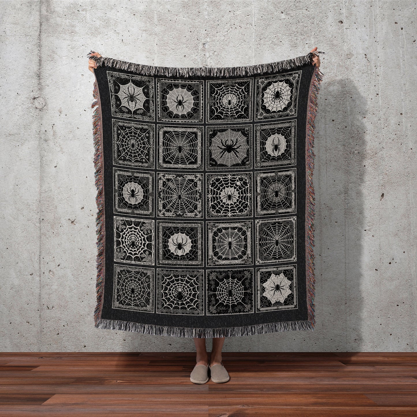 Black and White Cobweb Spider Throw Blanket Boho Fairycore Decor Cozy Cotton Woven Blanket Gothic Tapestry Vintage Aesthetic Witchy Gifts