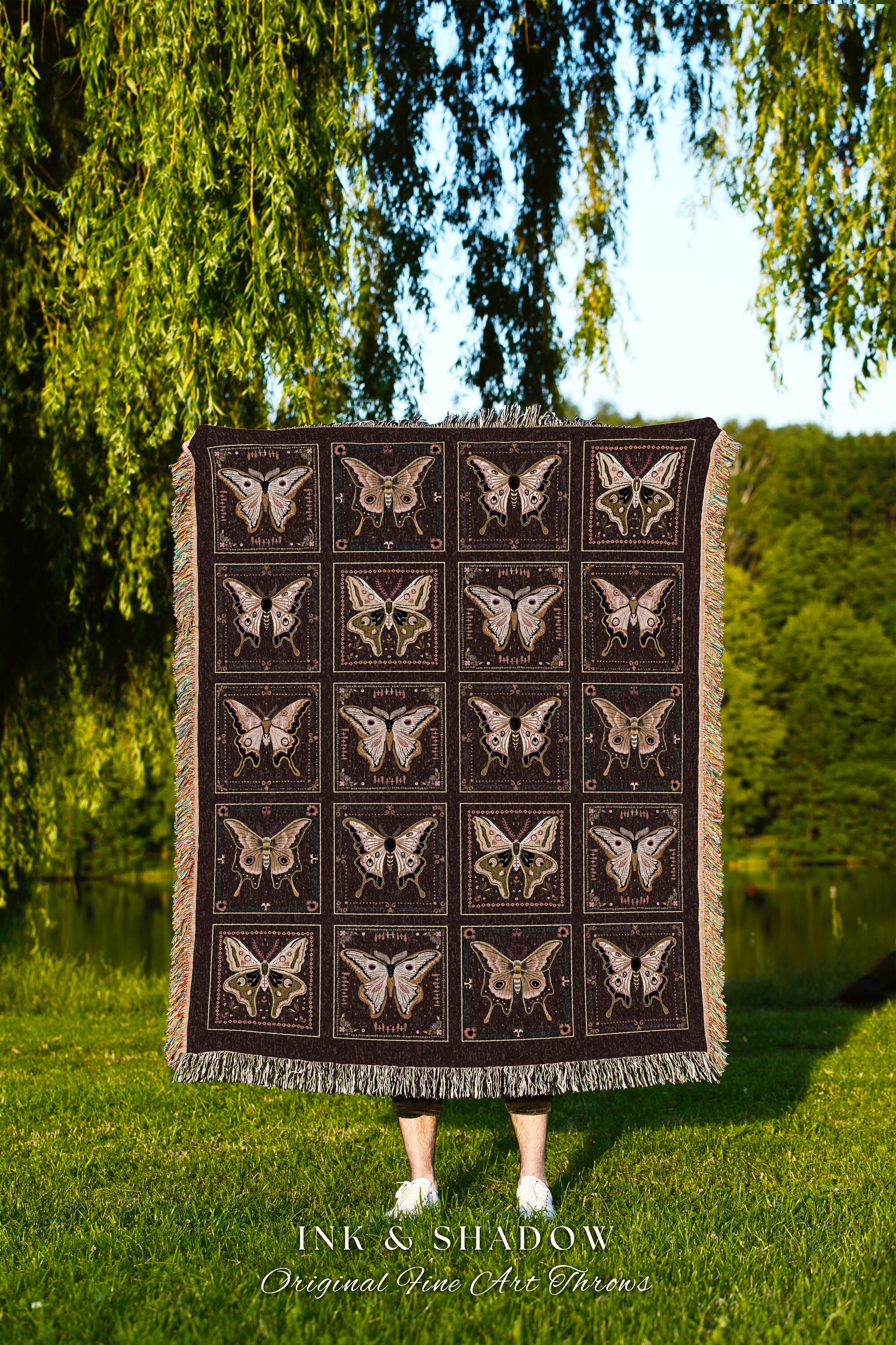 Whimsical Moth Blanket Woven Throw Dark Academia Luna Moth Art Gothic Home Decor Bohemian Bedding, Cozy Goth Cottagecore Tapestry Fall Gifts