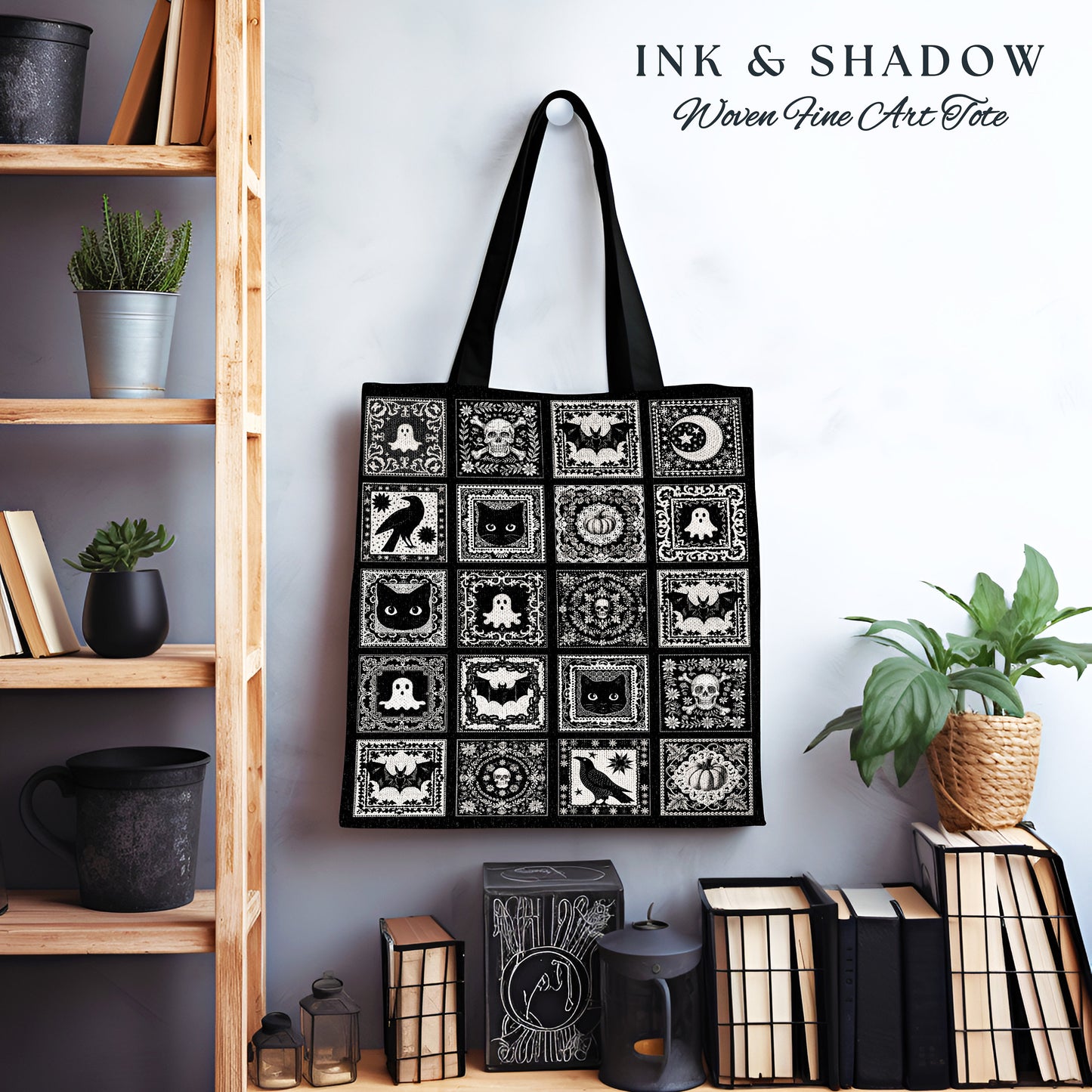 Witchy Aesthetic Shoulder Tote Bag | Dark Cottagecore Gothic Cat Lover Woven Tote Bag Retro Halloween Tapestry Bag Goblincore Gift for Goth