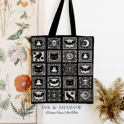 Witchy Aesthetic Shoulder Tote Bag | Dark Cottagecore Gothic Cat Lover Woven Tote Bag Retro Halloween Tapestry Bag Goblincore Gift for Goth