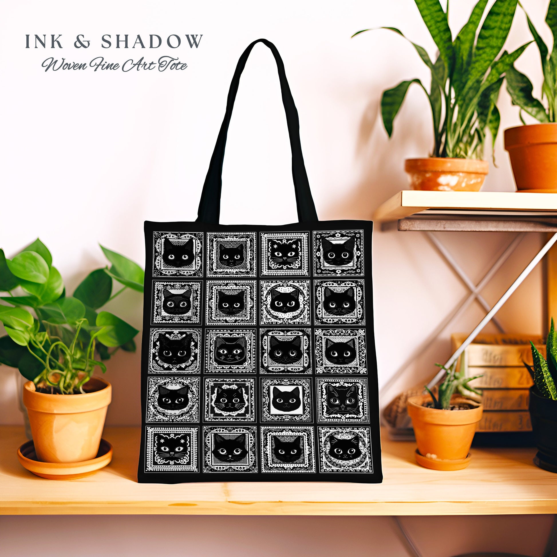 Black Cat Victorian Gothic Tote Bag | Dark Cottagecore Gothic Cat Lover Woven Tote Bag Vintage Halloween Aesthetic Tapestry Bag Goblincore |