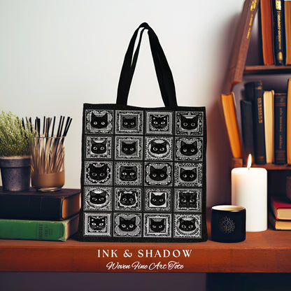 Black Cat Victorian Gothic Tote Bag | Dark Cottagecore Gothic Cat Lover Woven Tote Bag Vintage Halloween Aesthetic Tapestry Bag Goblincore |