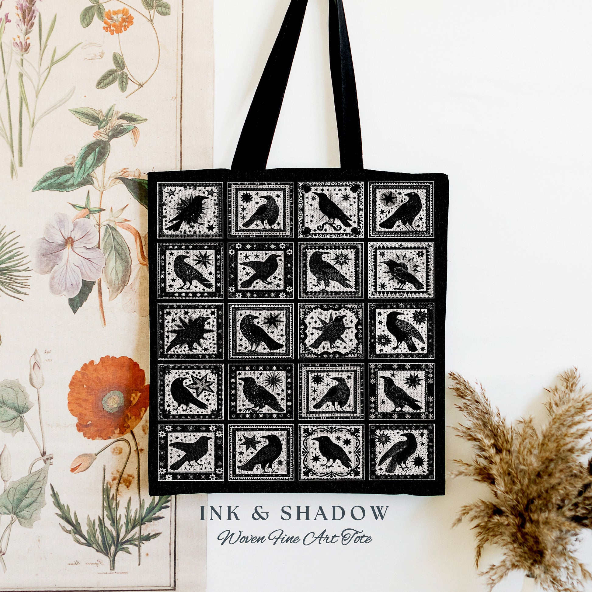 Retro Gothic Crow Tapestry Bag | Witchy Cottagecore Woven Tote Raven Halloween Lover Crowcore Gothic Accessory Spooky Aesthetic Everyday Bag