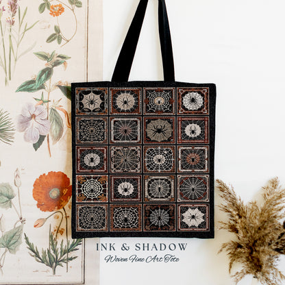 Spiderweb Spooky Halloween Tote Bag | Dark Cottagecore Goth Spider Lover Woven Tote Bag Vintage Halloween Aesthetic Tapestry Bag Goblincore