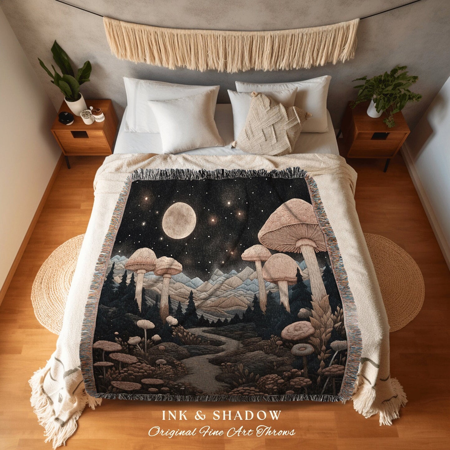 Fairytale Landscape Mystical Blanket | Woven Throw Gift for Mushroom Lover Whimsical Whimsical Style Reading Nook Aesthetic Magical Decor |