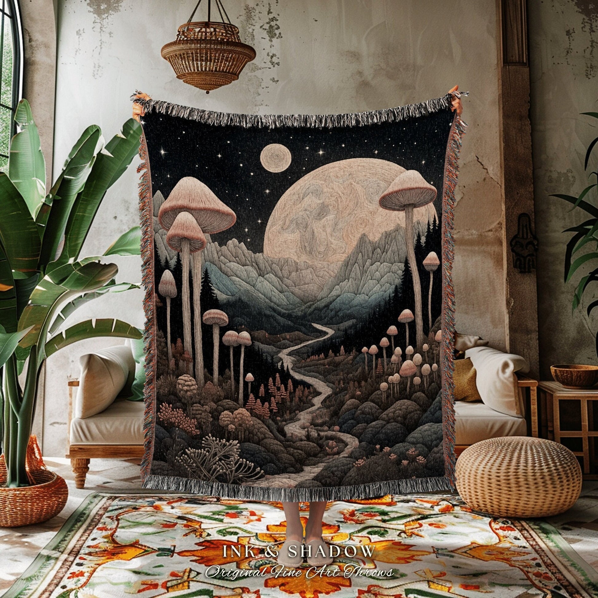 Cosmic Landscape Mushroom Blanket | Cottagecore Aesthetic Crowcore Wall Hanging Tapestry Boho Cozy Gift for Mushroom Lover Whimsical Decor