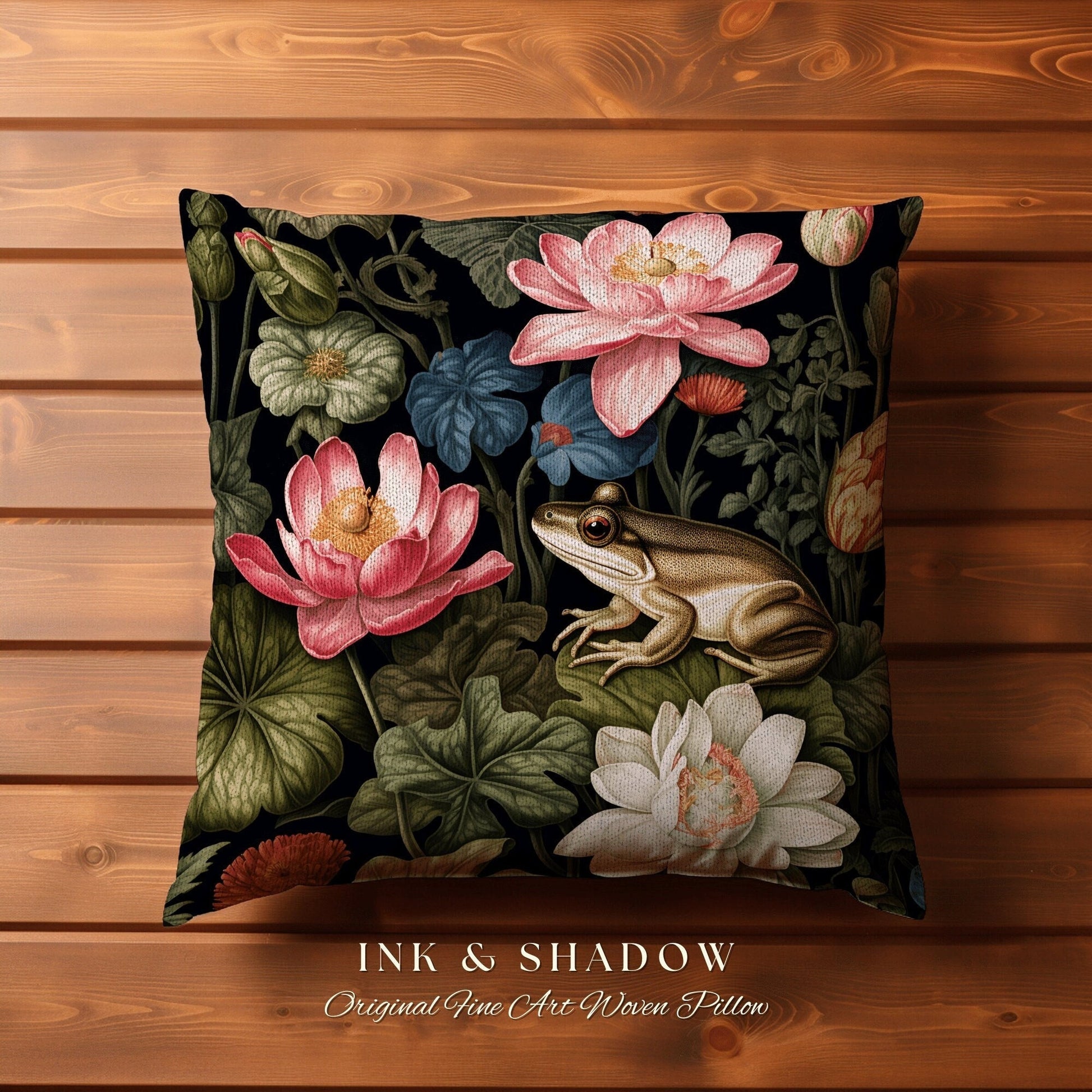 Floral Dark Cottagecore Frog Tapestry Cushion | Botanical Whimsigoth Art Woven Throw Pillow Vintage Nature Victorian Gothic Home Accent