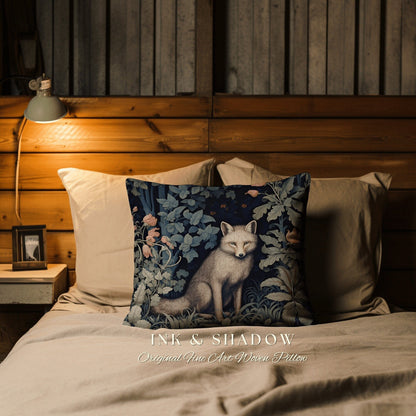 Grey Fox Pillow Botanical Gothic | Dark Academia William Morris Inspired Cushion Goth Aesthetic Medieval Woven Pillow Victorian Fox Decor |